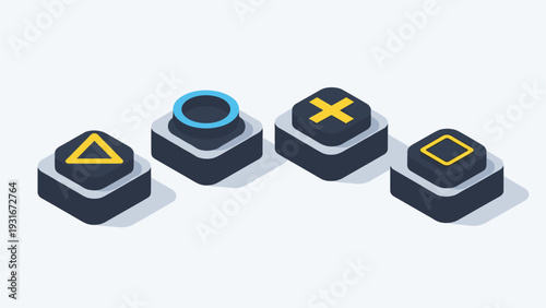 Four isometric grey buttons featuring colorful symbols of a triangle, circle, cross, and square from a game controller.
