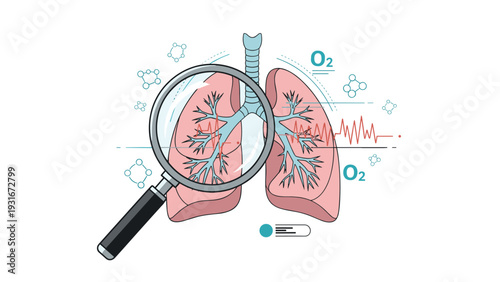 Pair of human lungs being carefully examined through a magnifying glass with oxygen symbols and molecule icons for health.