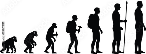 Evolution of Mankind Concept Showing Human Progress from Primitive Ape to Modern Man with Backpack and Spear Silhouette Isolated on White Background