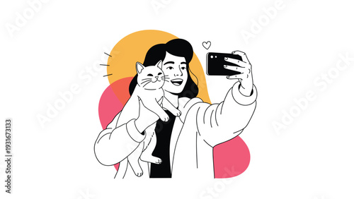 Happy young woman taking a selfie with her cat using a smartphone with warm orange and pink abstract shapes in background.