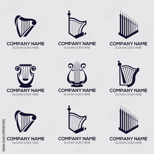 Collection of Harp and Lyre Musical Instrument Logo Designs