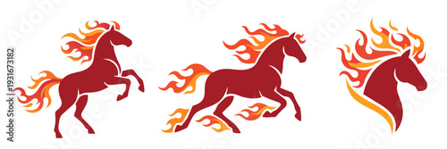Year of the Fire Horse Icon Set. Vector collection of fire horse head logos. Fiery stallion profile icon isolated on white background. Mythological fire horse head emblem for sports or business brandi
