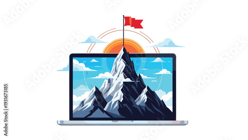 Digital laptop displaying a high mountain peak with a red flag at the summit representing online success and goal achievement.