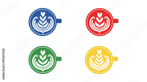 Four colorfully designed coffee cup icons with latte art patterns inside