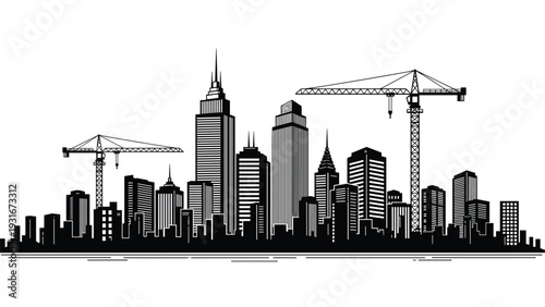 Urban city skyline silhouette featuring various skyscrapers and tall building construction with cranes under a white sky.