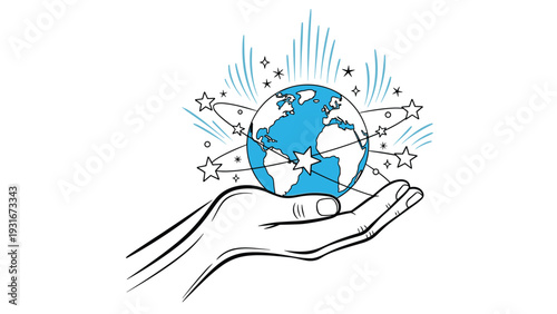 Human hand cradling the world globe surrounded by stars and glowing rays representing global care and connection.