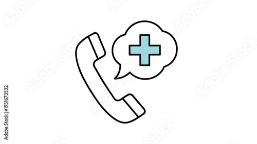 Telephone handset icon with a speech bubble containing a blue medical plus sign representing emergency healthcare services.