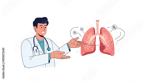 Friendly doctor in a white lab coat and stethoscope pointing toward a large anatomical illustration of healthy human lungs.
