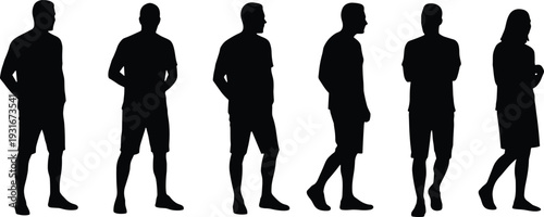 Set of black silhouettes featuring men and women in casual summer clothing standing and walking in various poses isolated on a white background