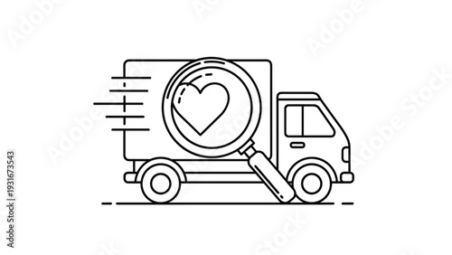 Delivery truck illustration with a heart symbol on its side seen through a magnifying glass for tracking or service inspection.