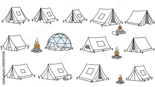 Set of various camping tents and small campfires in a black and white line art style with one geodesic dome tent.