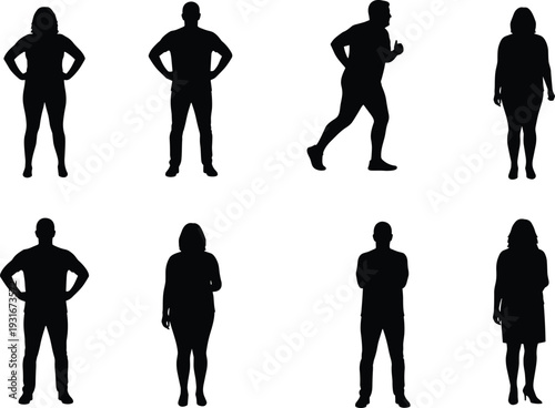 Set of black silhouettes featuring diverse men and women in various poses including standing, running, and confident postures isolated on a clean white background