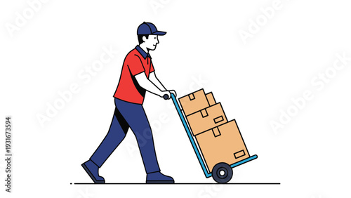 Delivery worker wearing a red shirt and blue pants pushing a blue hand truck stacked with cardboard boxes on a white background.