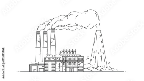 Industrial factory line art shows smoke stacks emitting clouds into the air, representing manufacturing and environmental impact.
