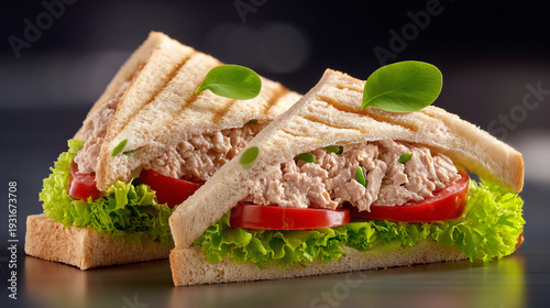 Two sandwiches made with lettuce, tomatoes and tuna salad looking tasty