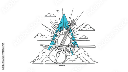 Musical instrument line art depicts a violin and bow centered over a blue triangular background with rays and clouds.
