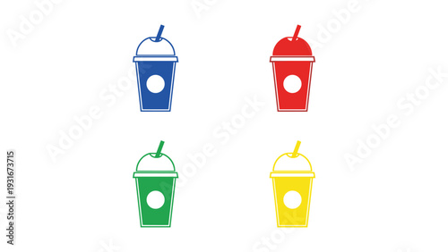 Colorful cartoon drinks with straws and ice cubes on a white background