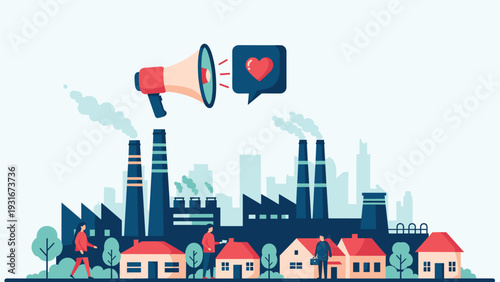 Corporate social responsibility concept features an industrial city with a megaphone and heart speech bubble for public relations.