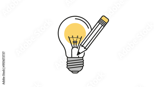 Creative idea concept features a glowing yellow light bulb paired with a pencil, symbolizing the process of brainstorming.