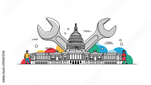 United States Capitol building is framed by two large wrenches, symbolizing government maintenance, reform, or political fixing.