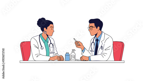 Professional medical consultation features a male and female doctor in white coats sitting at a table discussing patient care.