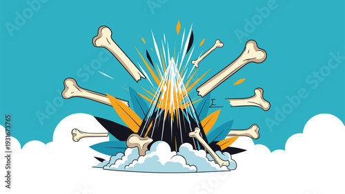 Dramatic explosion of bones is depicted against a bright blue sky filled with white clouds, creating a unique abstract image.