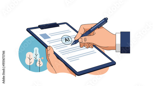 Hand uses a pen to write on a clipboard with an AI icon, representing the integration of artificial intelligence in paperwork.