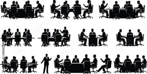 Business meeting and corporate conference silhouette set with professional teams sitting at office tables for cad drawing flat vector illustration,
