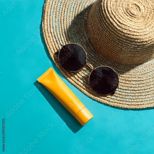 Sun Hat, Sunglasses, and Sunscreen on a Bright Blue Background