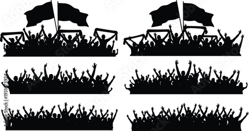 Cheering sports crowd and fans silhouette set with flags and scarves for stadium event cad drawing flat vector illustration design,
