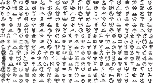 Collection of various black line icons on white background including hats sunglasses umbrellas and other summer accessories