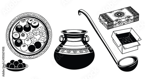 Black and white illustration of traditional South American mate gourd with straw, plate of pastries, and packet of yerba against a plain white background.