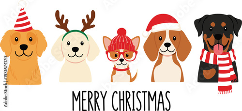 Merry Christmas dog collection with golden retriever beagle and rottweiler wearing santa hats for cad drawing flat vector illustration design,