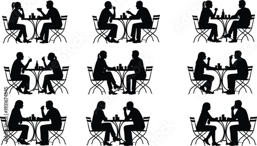 People dining at cafe tables silhouette set with couples eating and drinking for restaurant date cad drawing flat vector illustration,