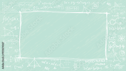 Soft mint green background with white mathematical formulas and a central frame for school projects