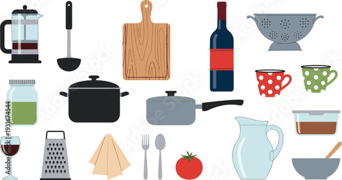 Kitchen Cooking Utensils and Tableware Icon Set with Pots Cutting Board French Press Colander Cups and Food Preparation Tools Collection.
