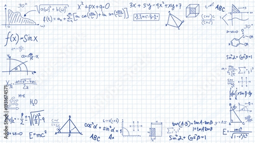 Educational white grid paper background with blue mathematical formulas framing an empty center for school