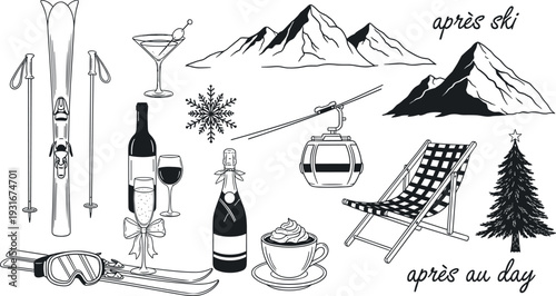 Winter ski resort and apres ski set with mountains skis gondola champagne and cozy drinks for cad drawing flat vector illustration,
