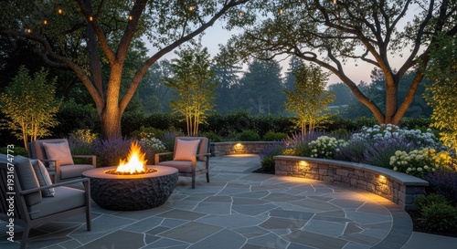 Evening fire pit scene with chairs and landscaped garden