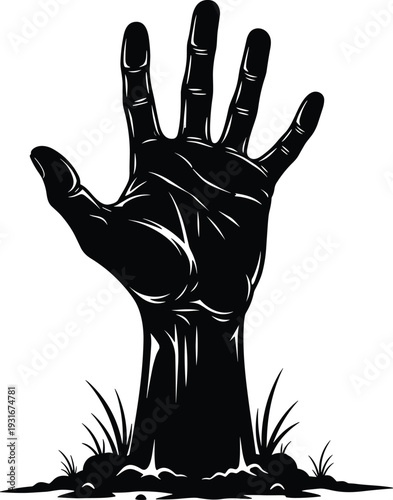 Zombie hand reaching out from ground in graveyard for halloween horror party design cad drawing flat vector illustration background element,