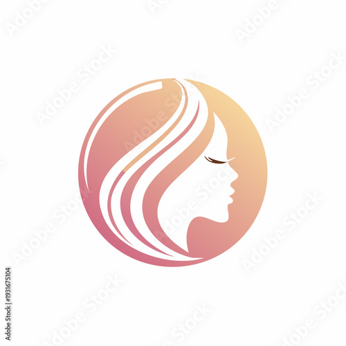 Elegant woman profile with flowing hair in a circular emblem, symbolizing beauty, wellness, and graceful femininity