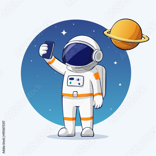 Astronaut taking a selfie with planet and starry background illustration