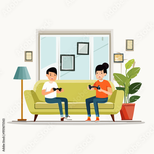 Flat vector illustration of two children playing engaging video games on a comfortable couch in a bright and cozy living room, enjoying their free time indoors with modern entertainment