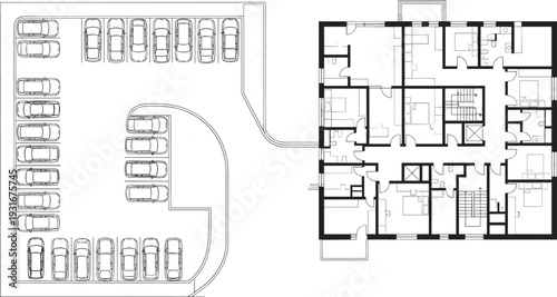 Apartment building floor plan with parking lot layout, residential architectural blueprint top view detailed vector illustration isolated on white background