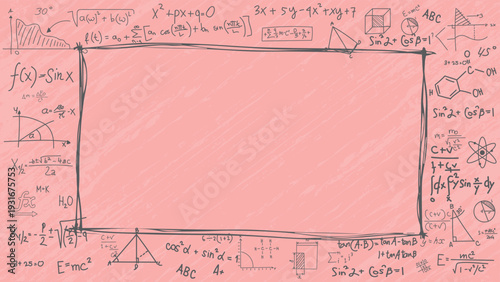 Feminine pink background featuring hand drawn black mathematical equations framing a central area for education