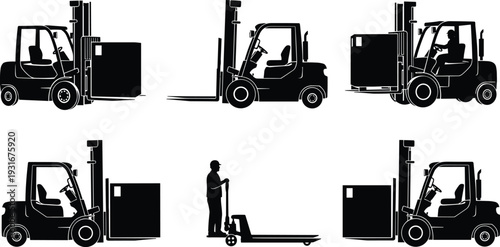 Forklift truck loading cargo pallet silhouettes with warehouse worker and pallet jack, material handling equipment black vector illustration isolated on white