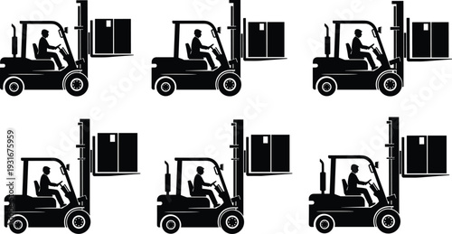 Forklift truck operator lifting cargo pallet silhouettes set, warehouse material handling equipment black vector icons isolated on white background