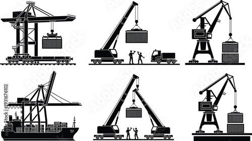 Port cranes loading shipping containers set, cargo handling equipment and maritime freight transport black vector silhouettes isolated on white background