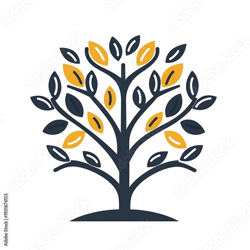 Emblem of growth: A stylized tree flourishes, its branches adorned with vibrant leaves, symbolizing life, nature, and the cycle of growth.