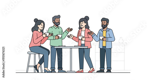 A group of people standing around a table and discussing something